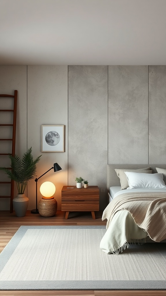 A zen bedroom featuring textured wall panels, a cozy bed with soft linens, a wooden nightstand, and plants.