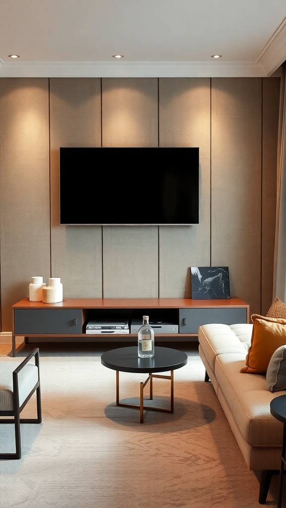 A modern living room featuring textured wall panels behind a TV, with stylish furniture and warm lighting.