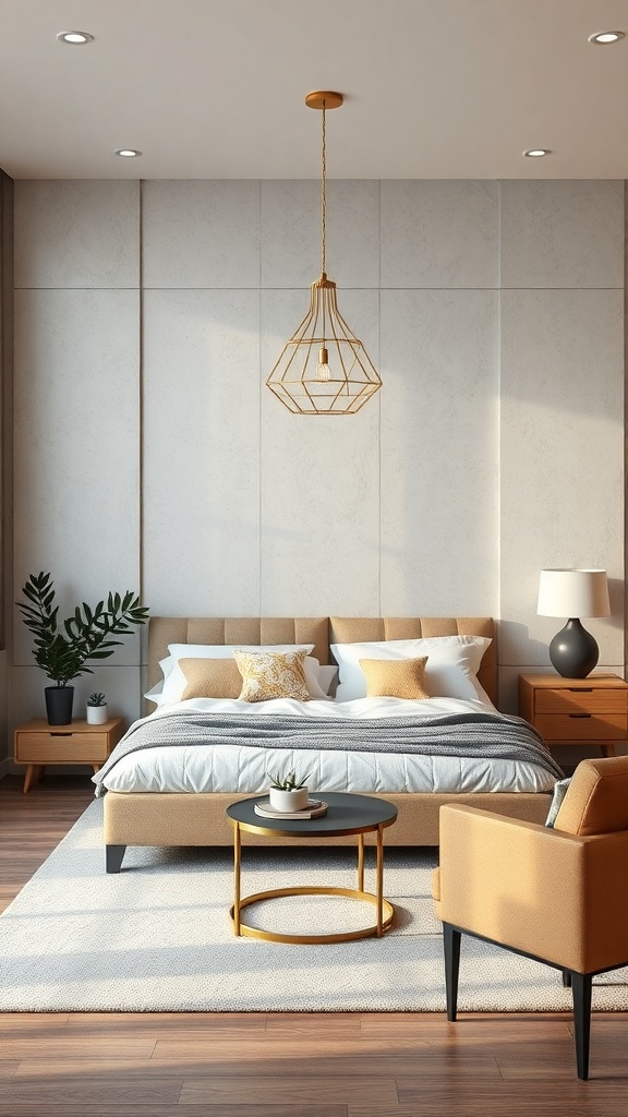 A modern bedroom featuring textured wall panels, a cozy bed, and stylish furniture.