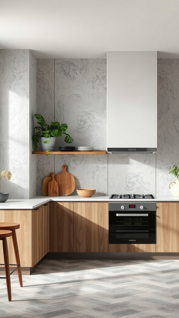 A modern kitchen featuring textured wall panels, wooden cabinets, and sleek appliances.
