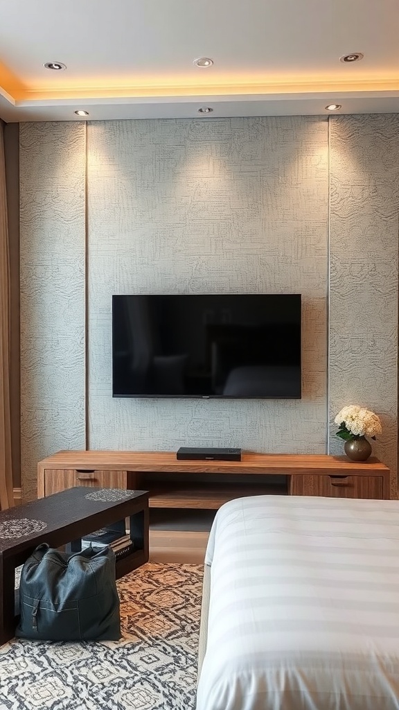 A modern bedroom featuring textured wall panels, a TV mounted on the wall, and warm lighting.