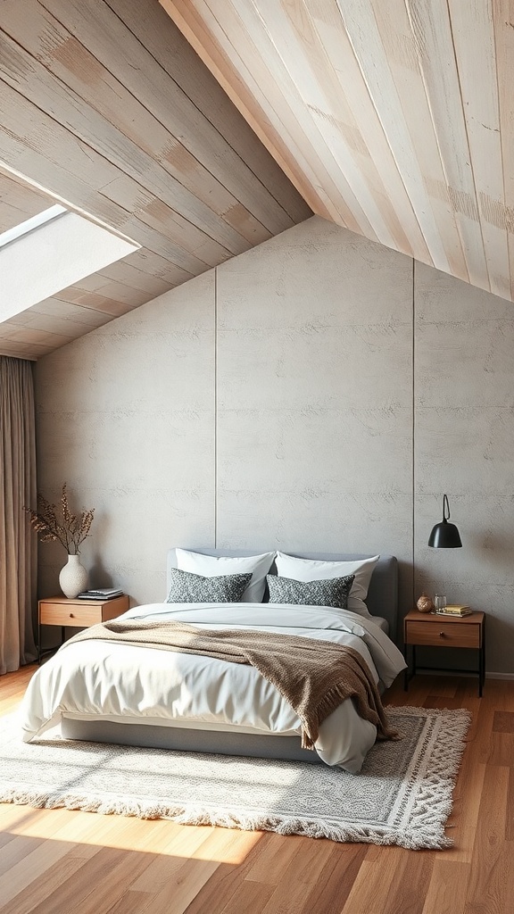 A cozy bedroom with sloped ceiling featuring textured wall panels and wooden ceiling.