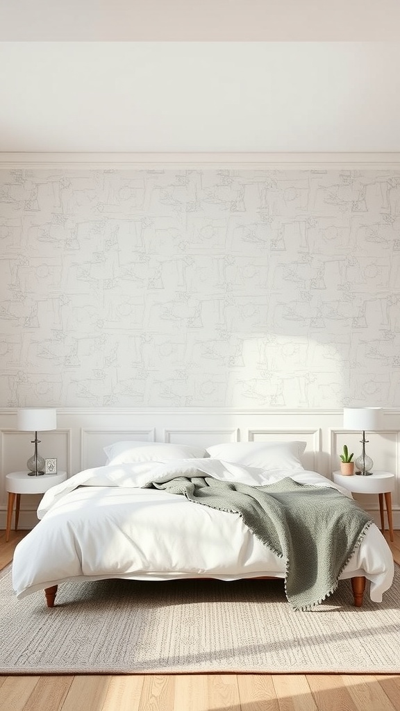A neutral bedroom with a textured wall treatment, featuring a bed with a green throw blanket and side tables with lamps.