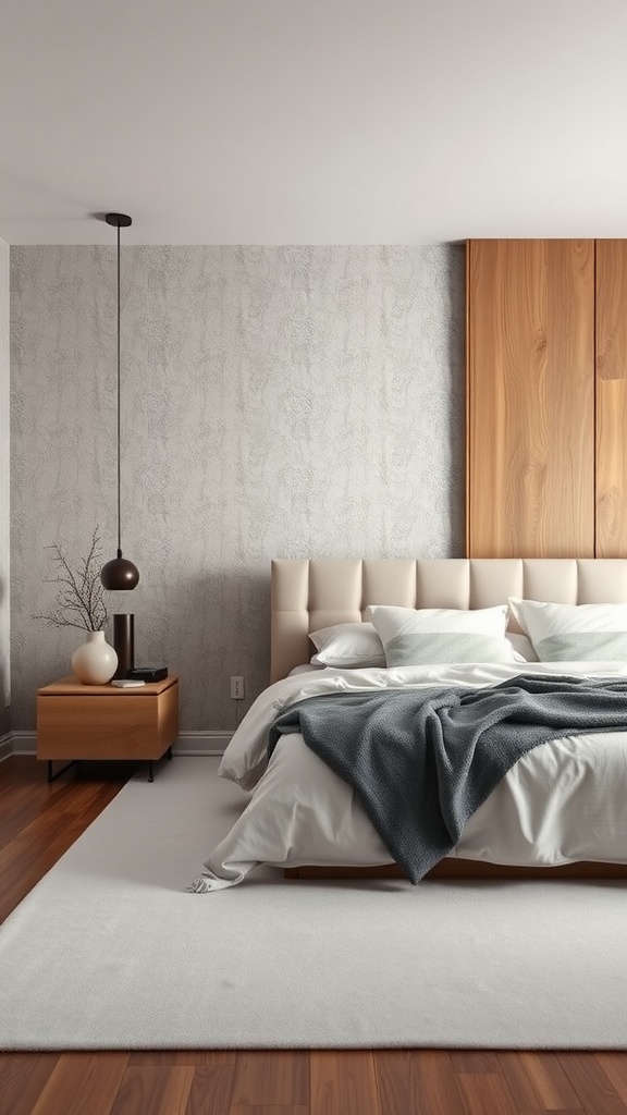 A cozy greige bedroom featuring textured wall treatments, a soft bed with pillows, and wooden accents.