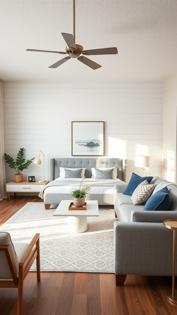 A cozy living room with textured walls, a comfortable sofa, and warm lighting.