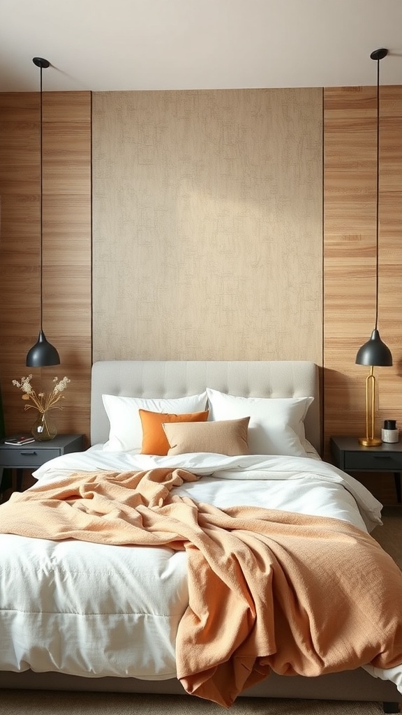 A cozy bedroom featuring a textured wall, wooden panels, and a bed with white linens and an orange throw.