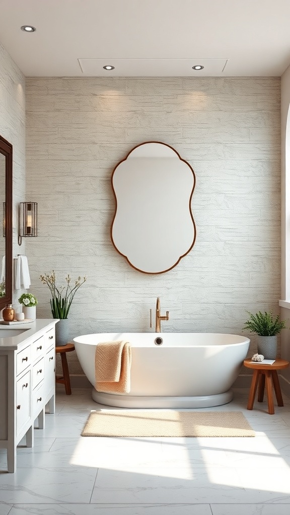 A modern bathroom featuring textured wall treatments, a freestanding bathtub, and elegant decor.