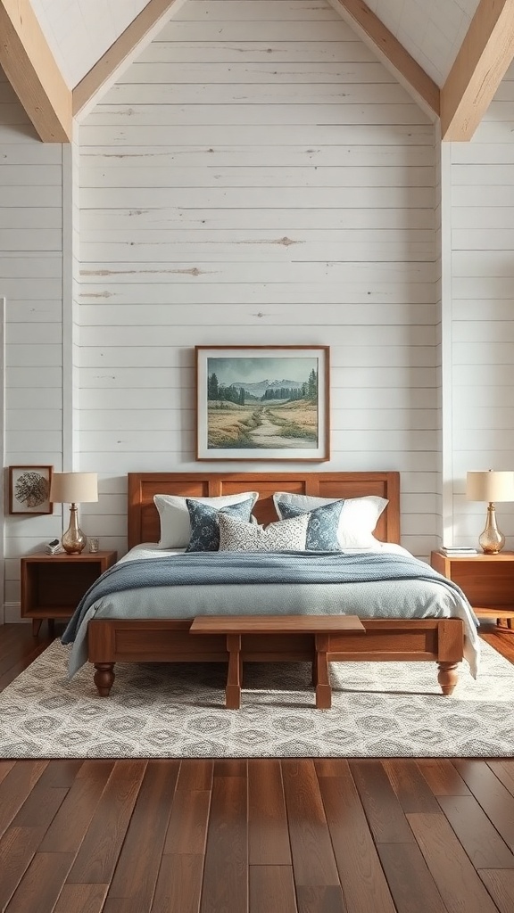 A cozy farmhouse bedroom featuring shiplap walls, wooden furniture, and decorative pillows.