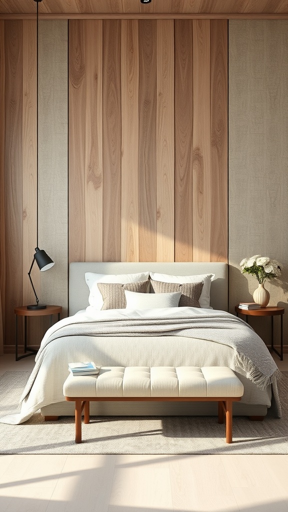 A cozy bedroom with textured wooden walls and soft fabric accents.