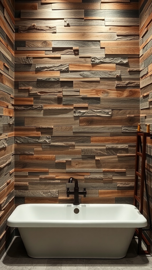 A rustic bathroom with textured wood-like wall panels and a freestanding bathtub.