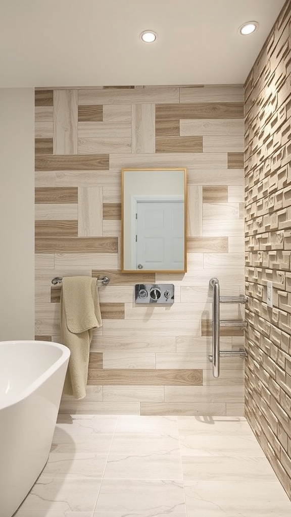 Modern bathroom with textured wall treatments featuring wood and stone tiles.