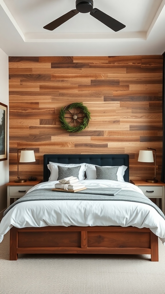 A small masculine bedroom featuring a textured wood wall, a cozy bed, and modern decor.