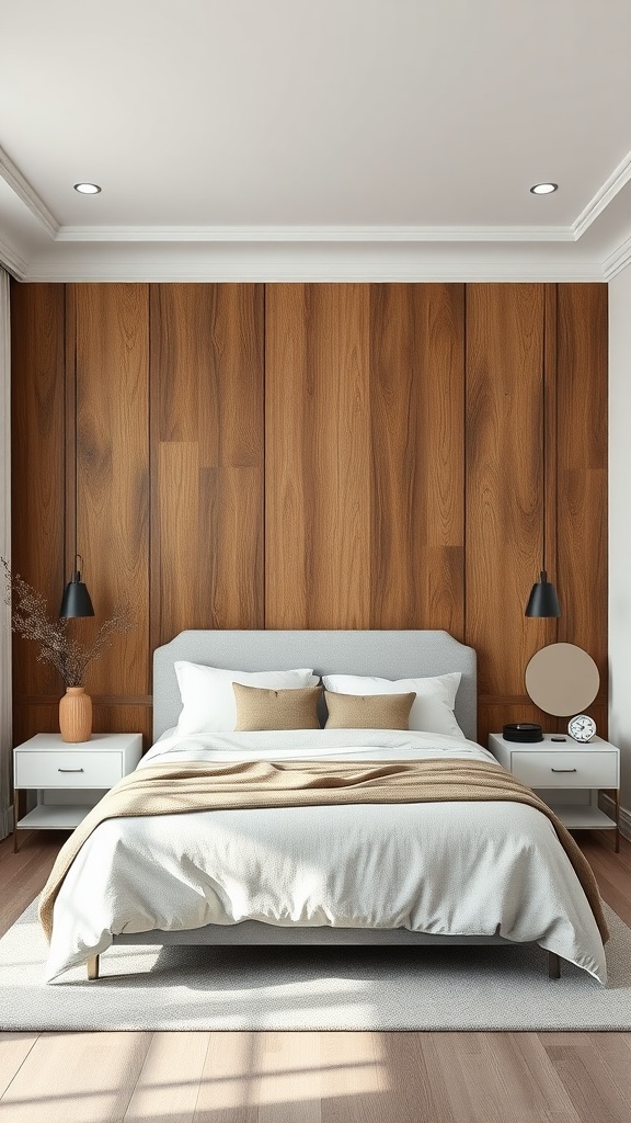 A modern bedroom featuring a wooden textured wall, cozy bedding, and minimalistic decor.