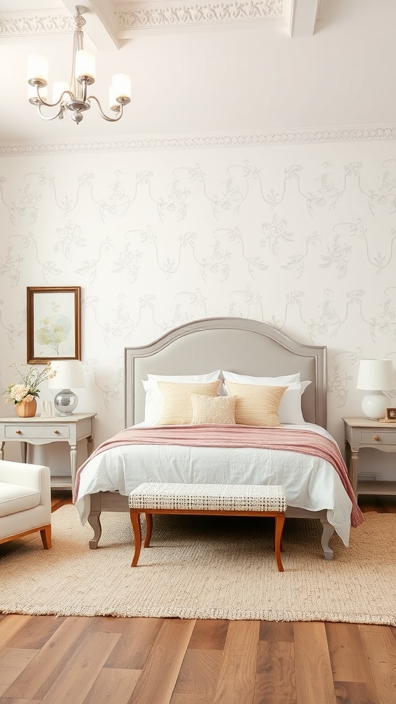 A cozy French country bedroom with textured wallpaper and elegant furnishings