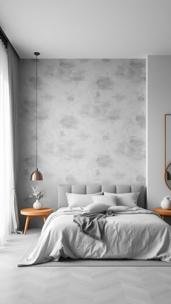A monochrome bedroom featuring a textured gray wall, a plush bed with gray bedding, and wooden side tables with decorative vases.