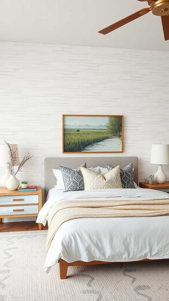 A cozy bedroom featuring textured wall treatments, a comfortable bed with decorative pillows, and simple wooden furniture.