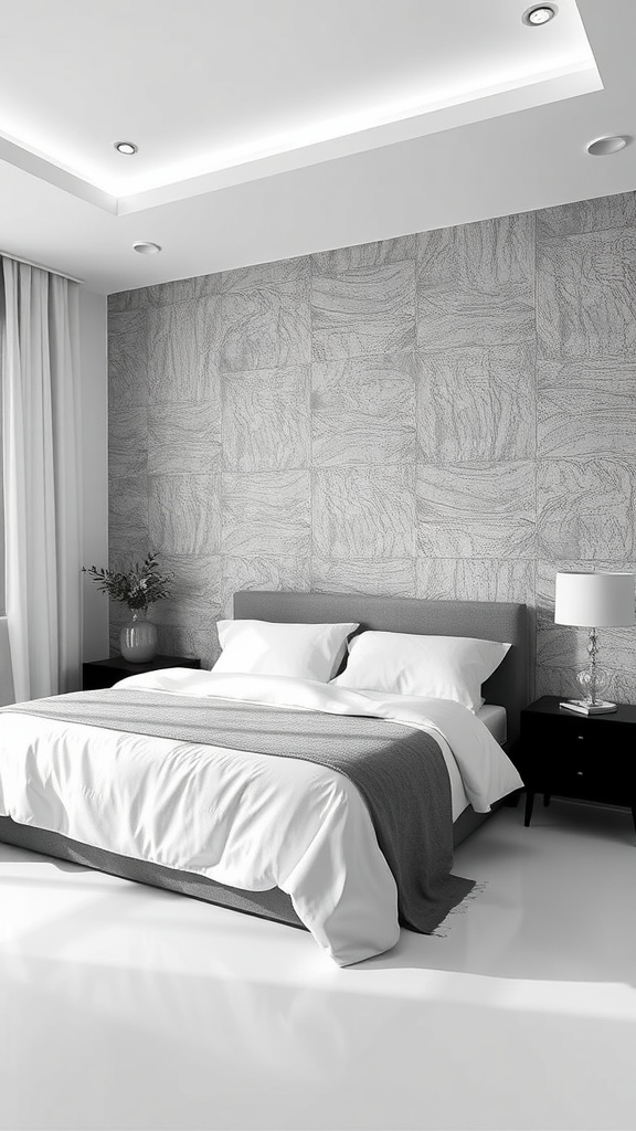 Black and white bedroom with textured wall treatment and modern decor.