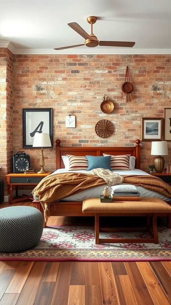 A cozy bohemian bedroom with a textured brick wall, wooden furniture, and warm textiles.