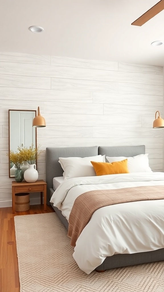 A neutral bedroom with textured wood paneling, gray bed, and warm accents.
