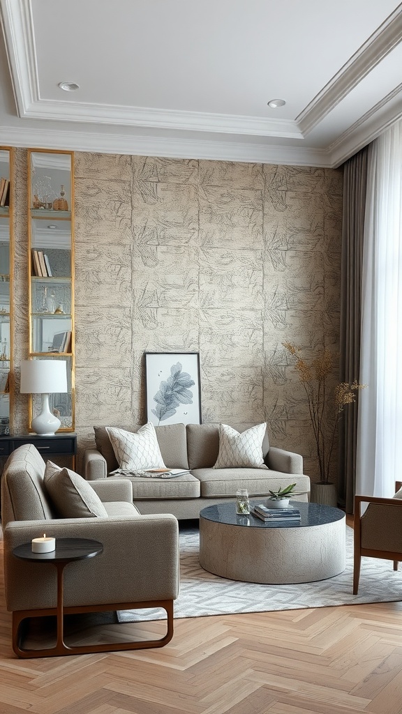 Cozy living room featuring a textured wallpaper accent wall with neutral furniture.
