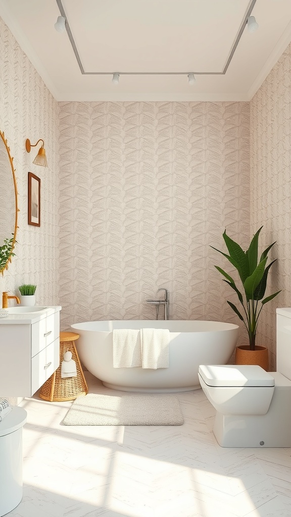 A bright bathroom featuring textured leaf-patterned wallpaper, a white bathtub, and a potted plant.