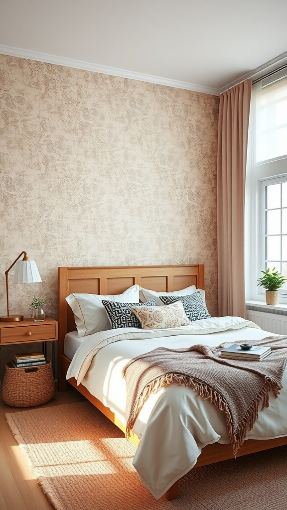 A cozy boho bedroom featuring textured wallpaper, a wooden bed frame, layered bedding, and natural decor elements.