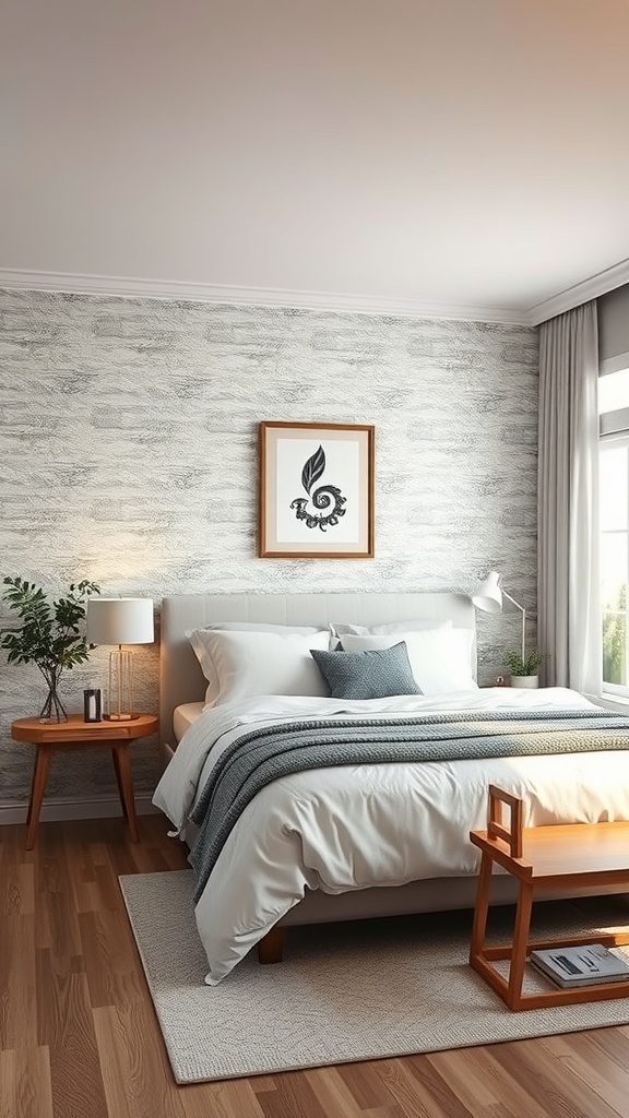 Cozy bedroom with textured wallpaper, a bed, side tables, and decorative elements.