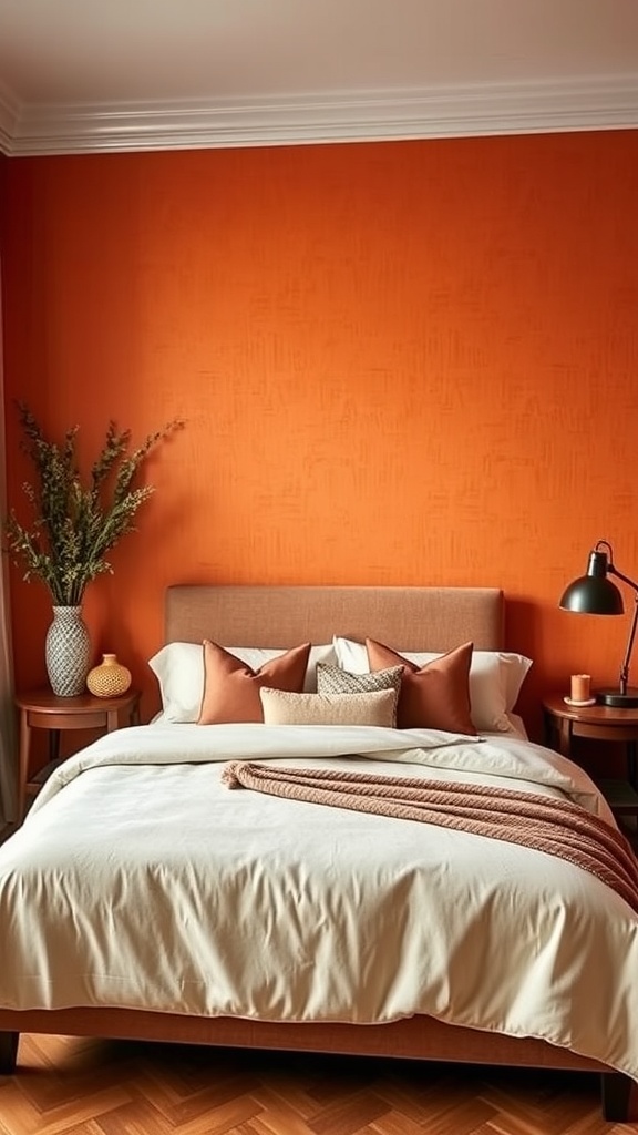 A cozy bedroom featuring burnt orange textured wallpaper, a neatly made bed with cream bedding and decorative pillows, and a stylish lamp.