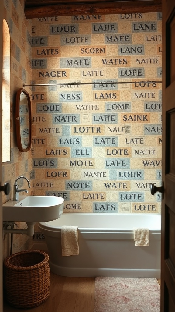 A small rustic bathroom featuring textured wallpaper with various words, a bathtub, and a sink.