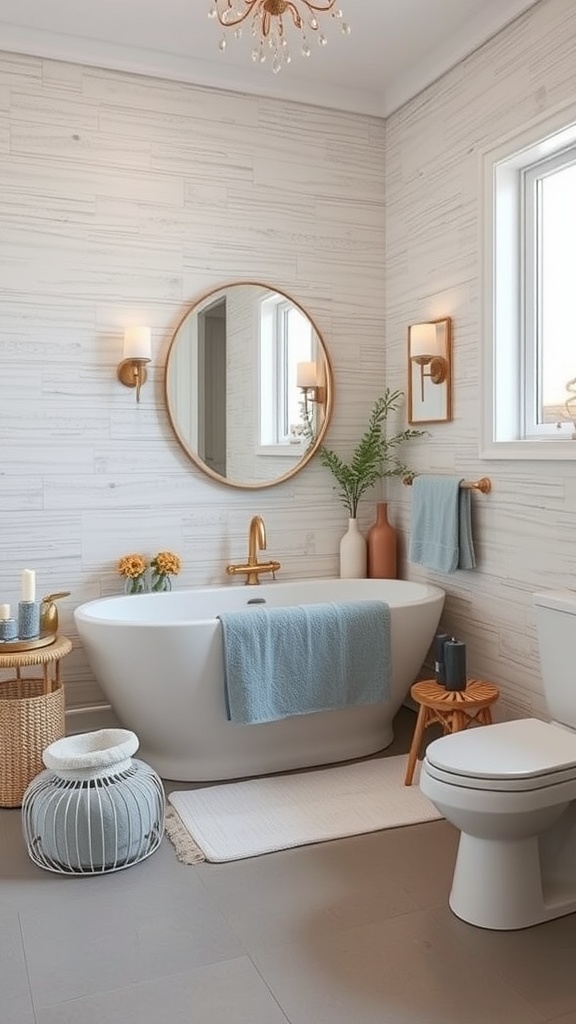 A stylish bathroom with textured walls, a freestanding tub, and modern decor.