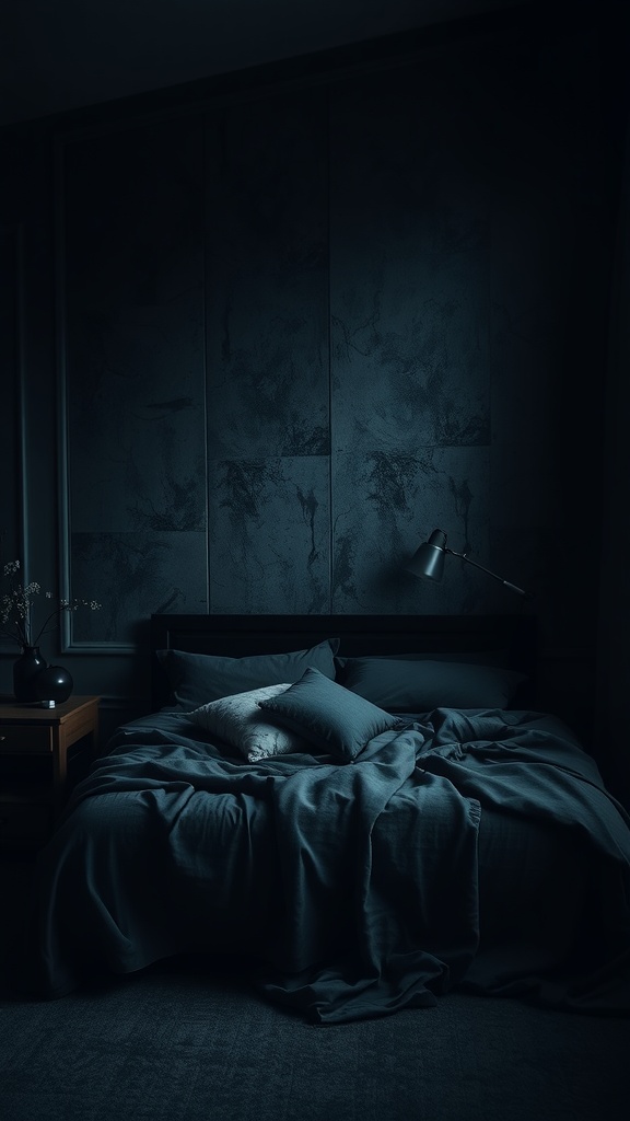 A dark, cozy bedroom featuring textured walls, soft bedding, and ambient lighting.