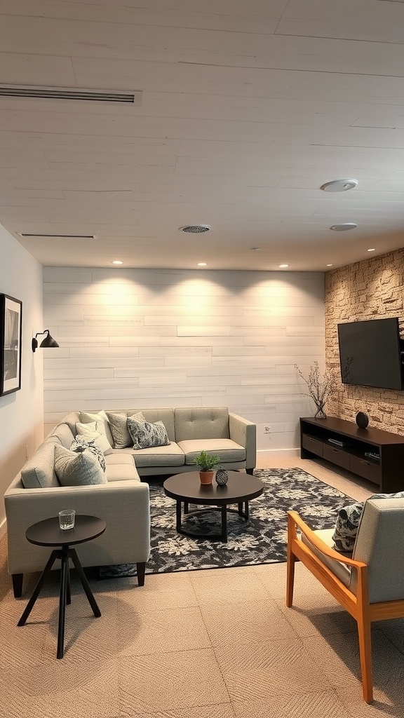 A stylish basement living room featuring a textured stone wall and smooth wood panels