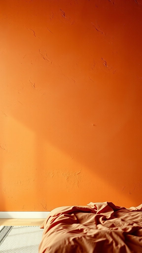 A textured burnt orange wall in a bedroom with a soft bedspread