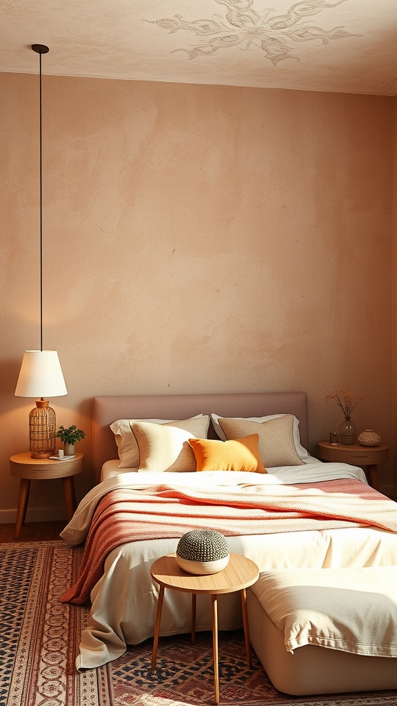 A cozy Moroccan bedroom featuring textured plaster walls, warm colors, and stylish decor.