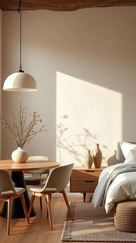 A cozy room featuring textured stucco walls, a wooden table, and soft lighting.