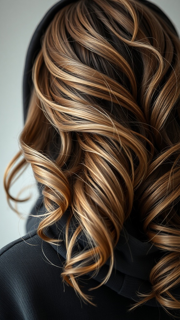 Back view of wavy hair showcasing warm tones against a dark hoodie.