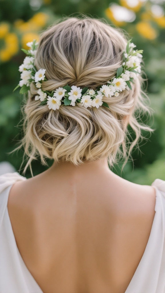 A textured waves bob hairstyle adorned with a floral crown.