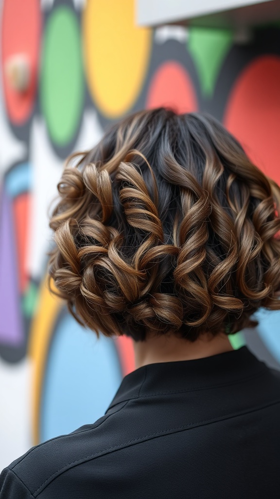 Back view of a short curly bob hairstyle with textured waves, showcasing defined curls against a colorful background.