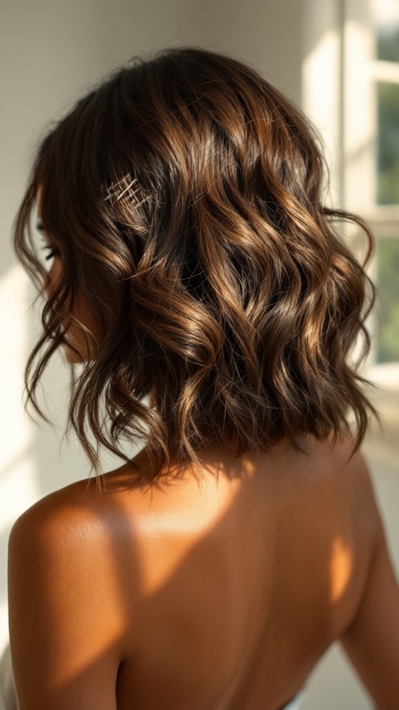 A woman with short, wavy hair styled with a claw clip, showcasing a relaxed and stylish look.
