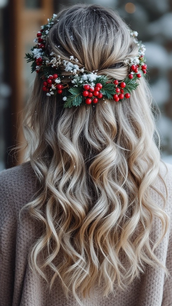 A woman with long, wavy hair adorned with a floral crown featuring red berries and greenery.