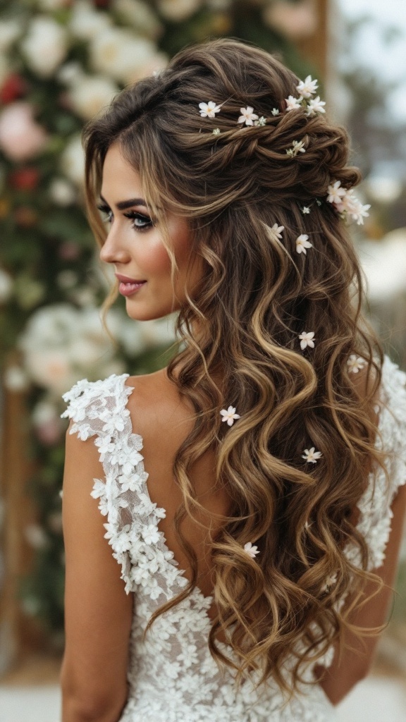 Bridesmaid hairstyle featuring textured waves adorned with small white flowers