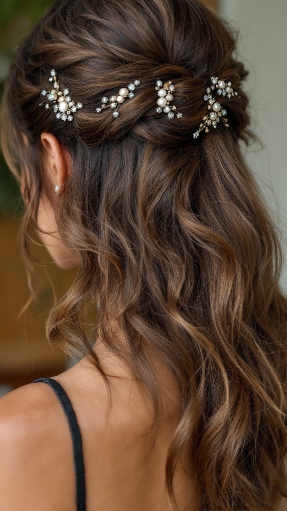 A woman with textured waves styled in a half up half down hairstyle, adorned with delicate hair accessories.