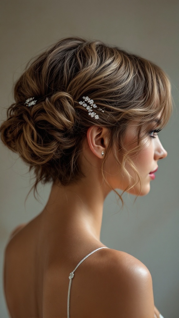 A bride's maid hairstyle featuring textured waves and decorative hairpins