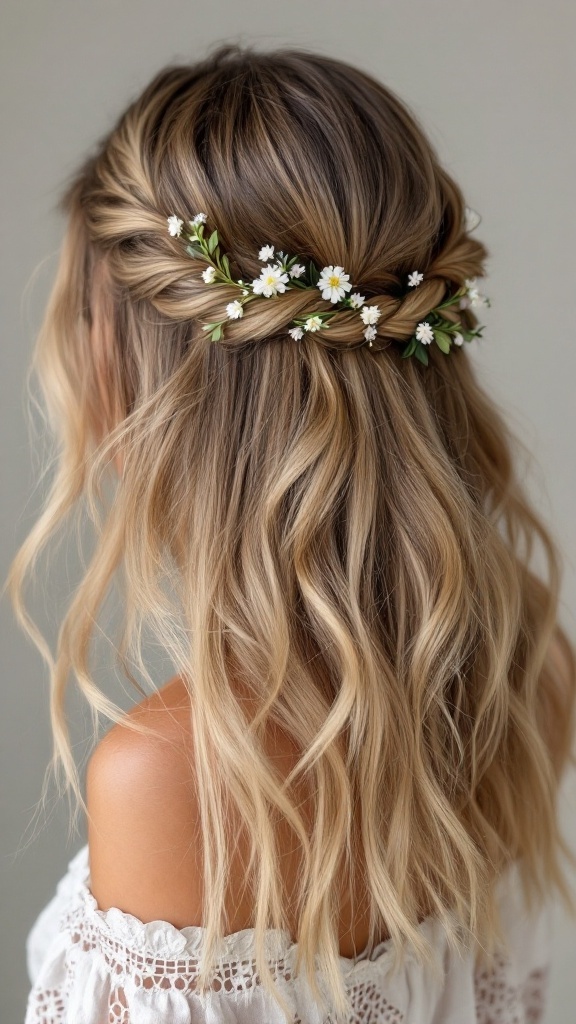 A hairstyle featuring medium-length hair styled in loose waves with a half braid and small white flowers.