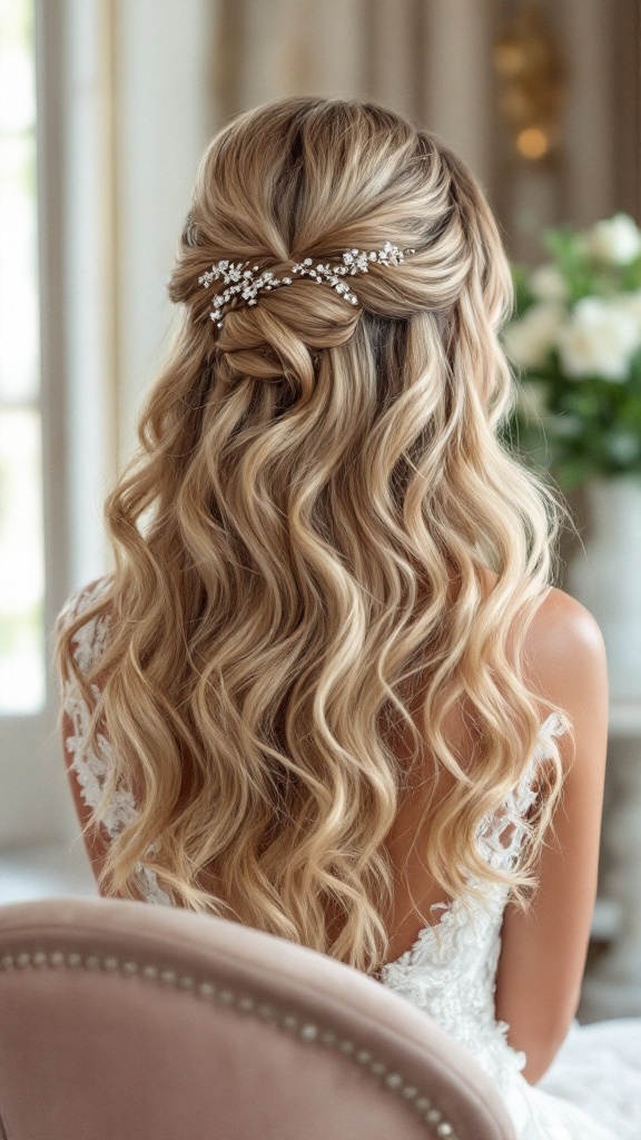 A beautiful hairstyle featuring textured waves and sparkling hairpins, perfect for a wedding.