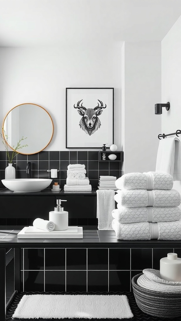 A minimalist black and white bathroom featuring textured white towels, a round mirror, and stylish accessories.