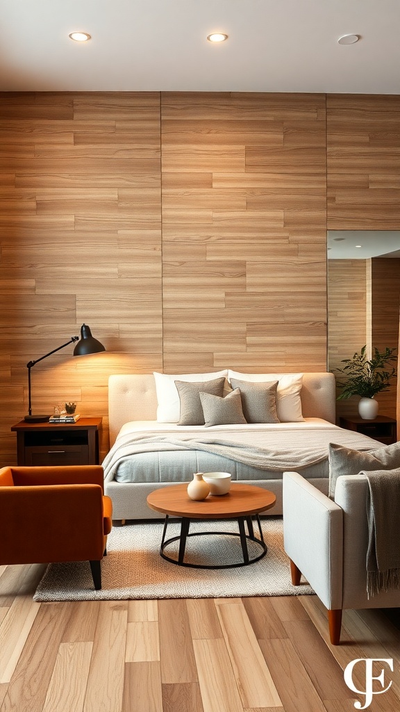Living room featuring textured wood paneling on the accent wall, with a cozy bed, stylish furniture, and warm lighting.