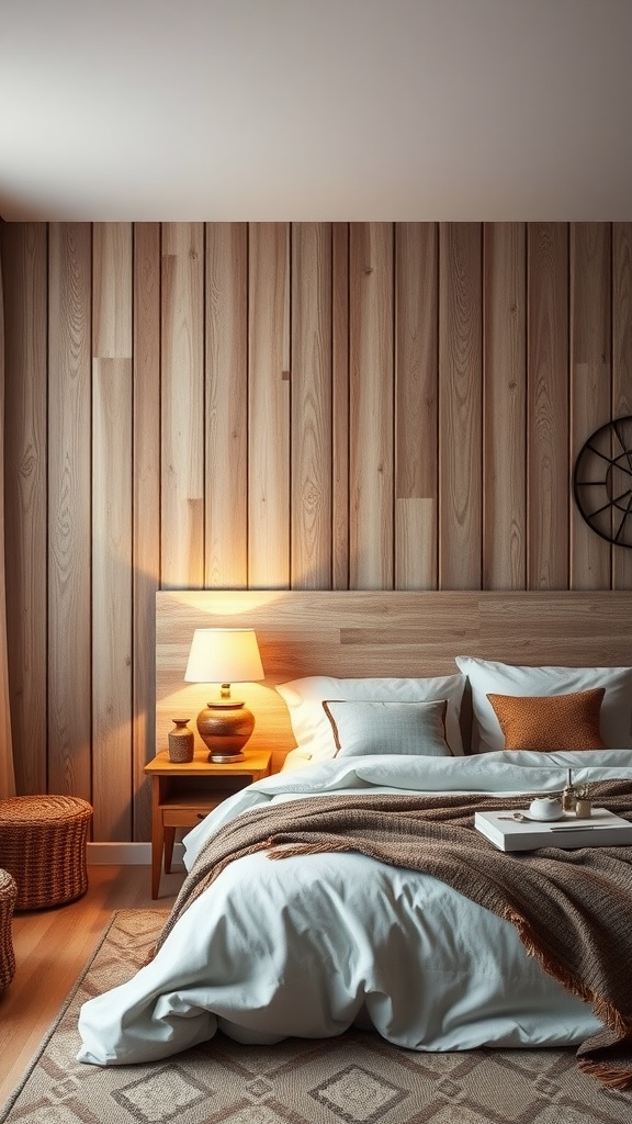 A cozy bedroom with textured wood panels on one wall, featuring a bed with white bedding and warm accent decor.