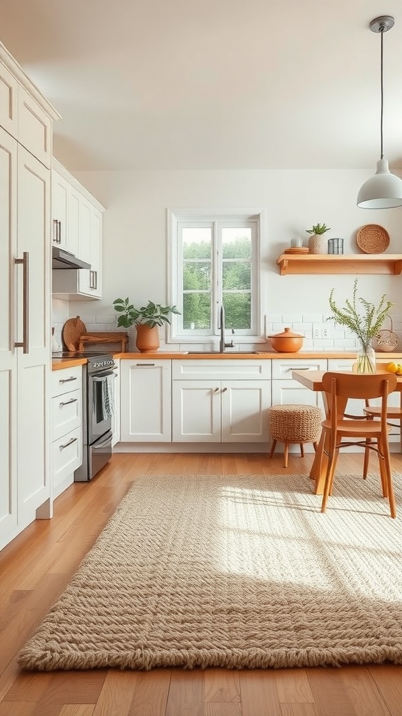 A bright kitchen with a textured wool rug, wooden cabinets, and a cozy atmosphere.