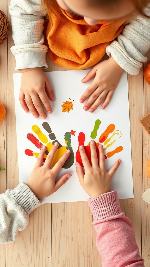 Toddlers making Thanksgiving handprint turkeys with colorful paint.